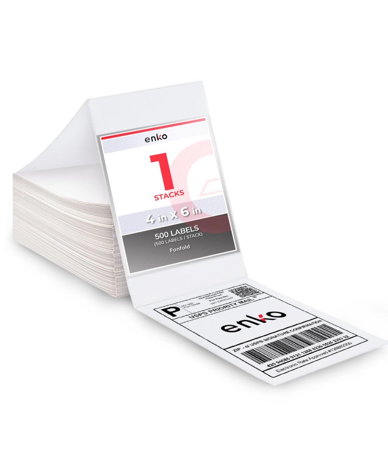 enKo Products enKo 4 x 6 Thermal Fan Fold Labels Compatible for Rollo Printer Labels - 1 Stack of 500 4x6 Label Zebra Printer - Mailing Postal Label Paper, Perforated, Permanent Adhesive - Image 1